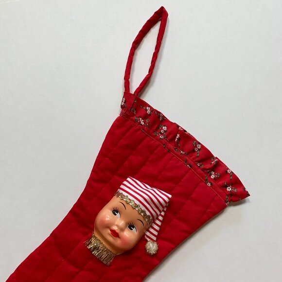 Christmas Stocking with Dolly Face Holiday Decor Xmas Vintage Handmade - Picture 5 of 6